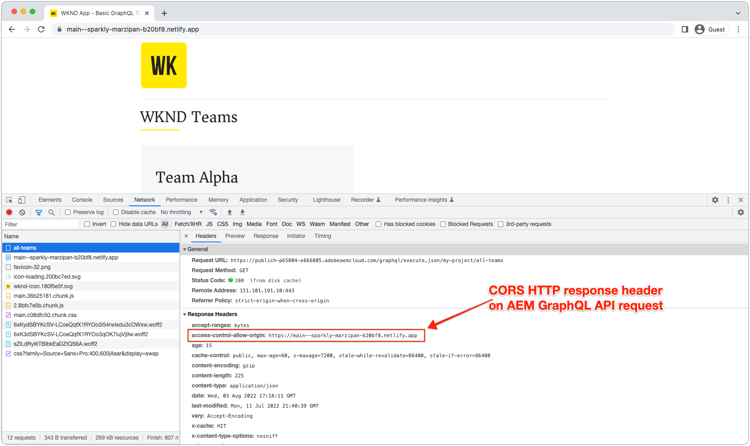 CORS-svarshuvud AEM GraphQL API