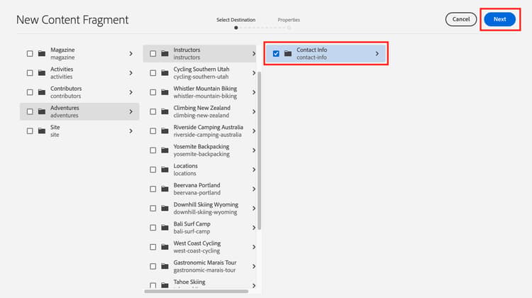Nytt innehållsfragment modal