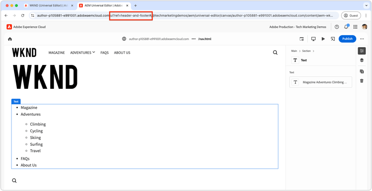 Header i Universal Editor