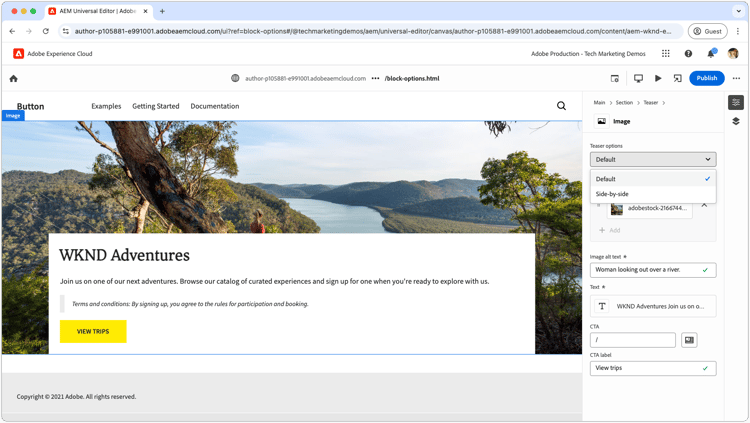 Teaser with options block dialog