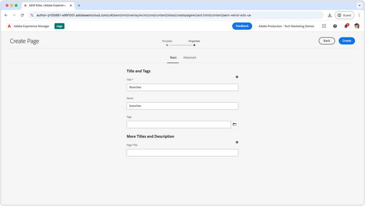 AEM Sites - sidan Skapa grenar