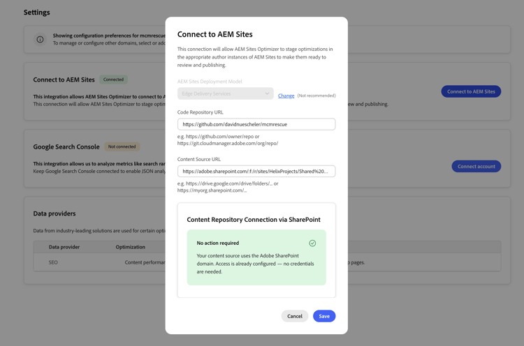 Dialogrutan Anslut till AEM Sites innehåller ingen åtgärd som krävs för Adobe SharePoint-domänen