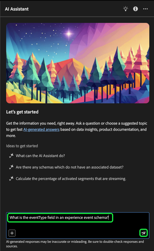 AI-assistenten för Experience Platform med följande fråga förberedd för fråga:Vad är fältet eventType i ett ExperienceEvent-schema?