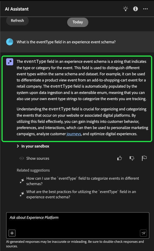 AI-assistenten för Experience Platform med svar på föregående fråga.