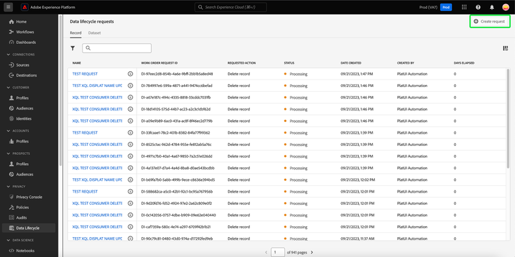 Arbetsytan Data Lifecycle med Create request markerad.