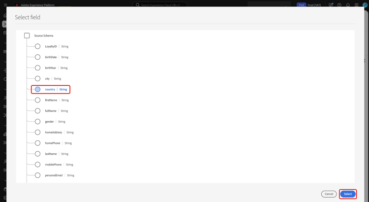 Källschemat med country markerat som ytterligare ett nytt fält.