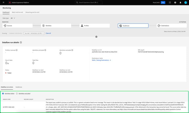 Kontrollpanelen för aktiveringsjobb. Information om de identiteter som misslyckades eller exkluderades markeras.