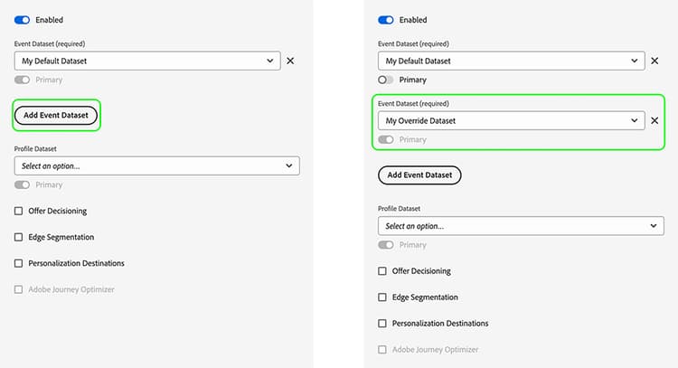 Skärmbilden Datastreams UI som visar Adobe Experience Platform tjänstinställningar, med åsidosättningar av händelsedatamängd markerade.