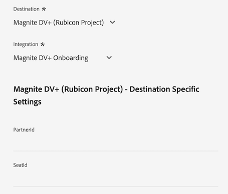 Experience Platform-gränssnittsbild som visar kunddatafälten för Magnite DV+-målet.