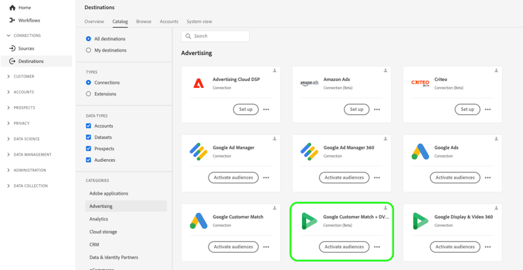 Google kundmatchning + DV360-mål i Adobe Experience Platform användargränssnitt.
