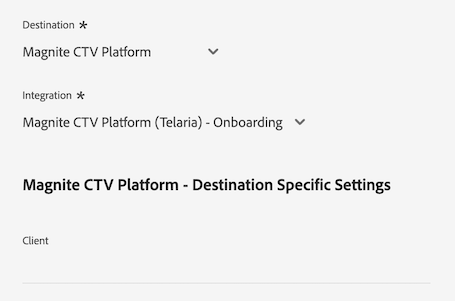 Experience Platform-gränssnittsbild som visar kunddatafälten för Magnite CTV-målet.