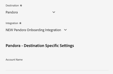 Experience Platform-gränssnittsbild som visar kunddatafält för Pandora-målet.