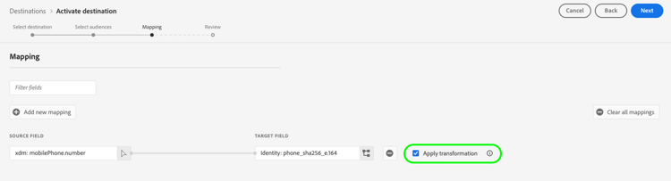 Använd omvandlingskontroll markerat i mappningssteget i aktiveringsarbetsflödet.