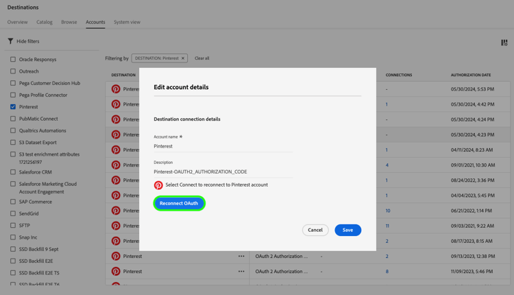 Modalt fönster med alternativet Återanslut OAuth