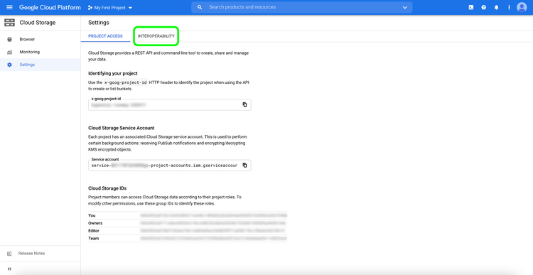 Fliken Interoperabilitet är markerad på kontrollpanelen för Google Cloud-plattformen.