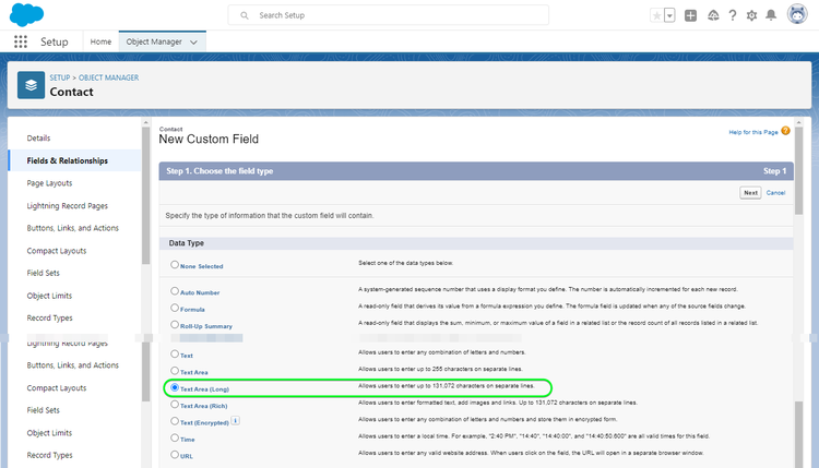 Salesforce-användargränssnitt som visar hur du skapar anpassade fält, steg 1 - Välj datatyp.