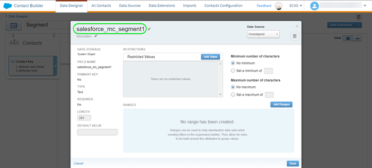 Skärmbild för användargränssnittet i Salesforce Marketing Cloud med ett attribut.