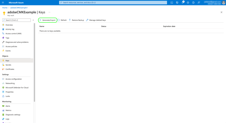 Fliken Keys i Azure med Generate import markerat.