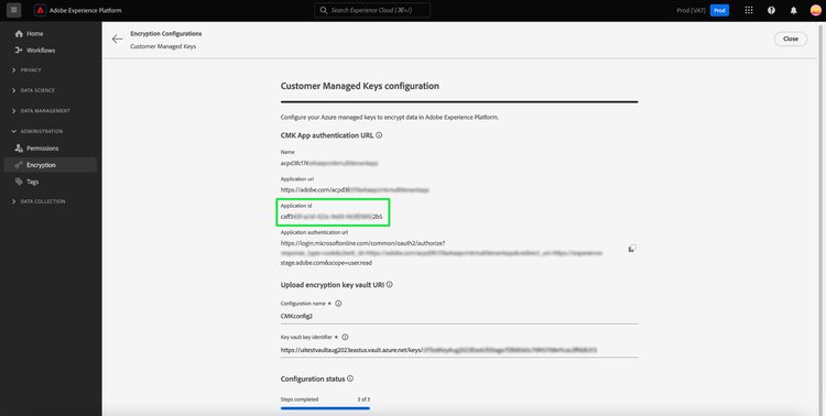 Vyn Customer Managed Keys configuration med Application ID markerad.