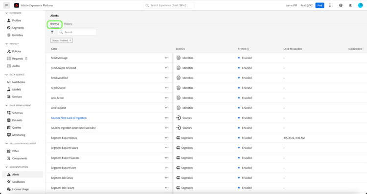 En lista över tillgängliga aviseringar visas på fliken Browse.