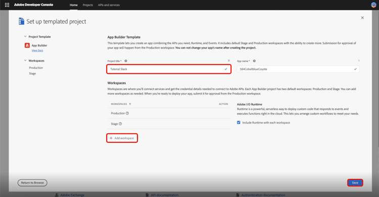 Developer Console markerar Project Title, Add Workspace, and Save.