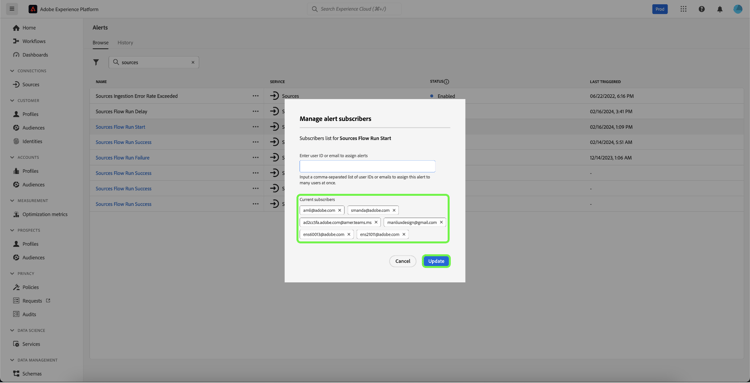 Sidan Hantera aviseringsprenumeranter med fokus på prenumeranter och Update.