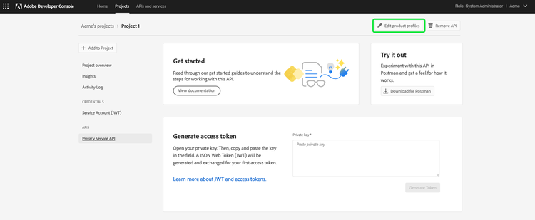 Instrumentpanelen för integrering av Privacy Service-API i Adobe Developer Console med Redigera produktprofiler markerade