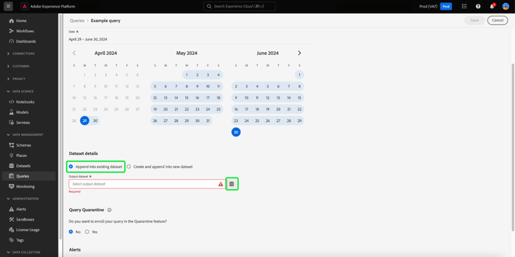 Panelen Schemainformation med datauppsättningsinformation och Lägg till i befintlig datauppsättning markerad.