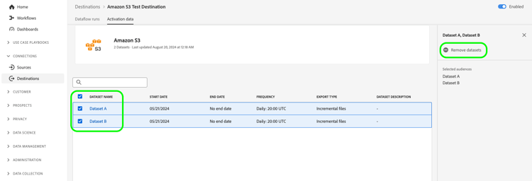 Bild av användargränssnittet i Experience Platform som markerar alternativet Ta bort datauppsättningar på sidan med målinformation.