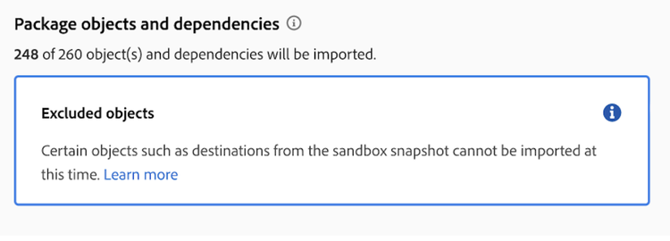 På sidan Package object and dependencies visas det infogade meddelandet för objekttyper som inte stöds. Import markeras.