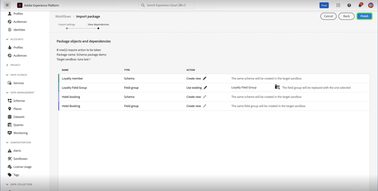 På sidan Package object and dependencies visas en lista med resurser som ingår i paketet. Finish markeras.