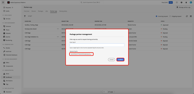 Dialogrutan för paketpartners med Ange Org ID, Valda Org ID:n och Bekräfta är markerad.