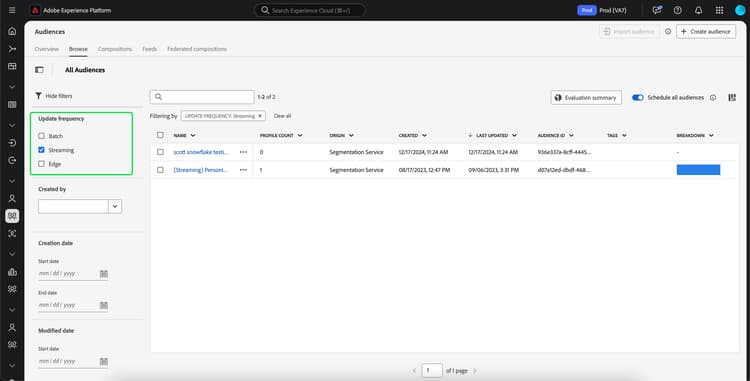 Uppdateringsfrekvensen för direktuppspelning har valts och visar alla målgrupper i organisationen som utvärderas med direktuppspelningssegmentering.