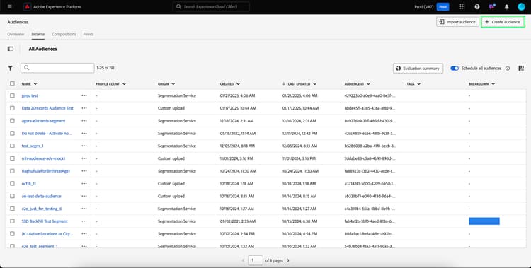 Knappen Skapa målgrupp är markerad i målgruppsportalen.