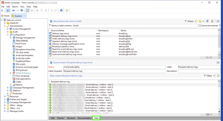 Adobe Campaign v8-klientkonsolen med datafliken vald.