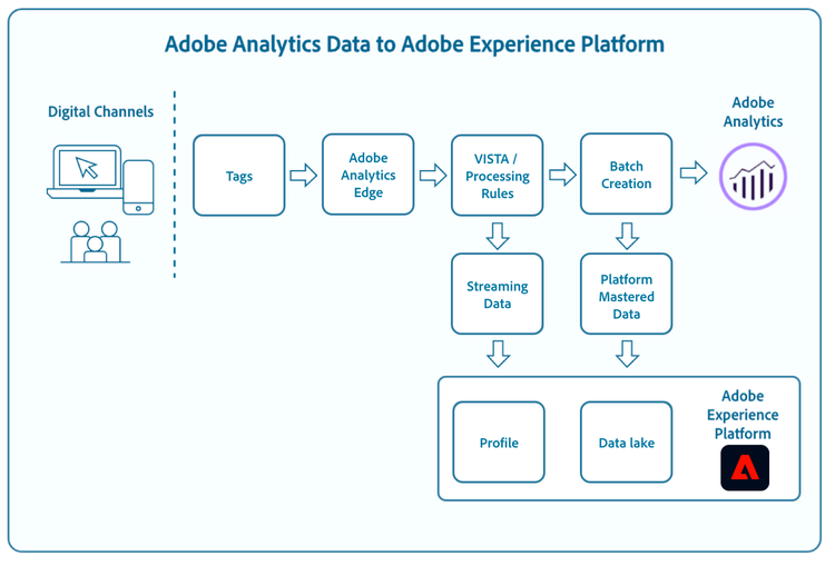 En bild som illustrerar dataöverföringen från olika Adobe-program, inklusive Adobe Analytics.