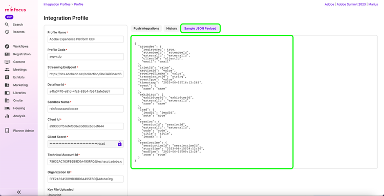 Ett exempel på JSON-nyttolast i kontrollpanelen RainFocus.