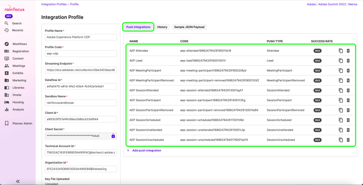 En lista med fördefinierade push-typer i RainFocus-kontrollpanelen.