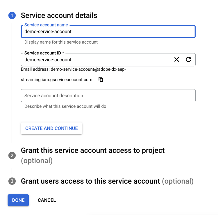 Tjänstkontoinformationen i Google Developer Console