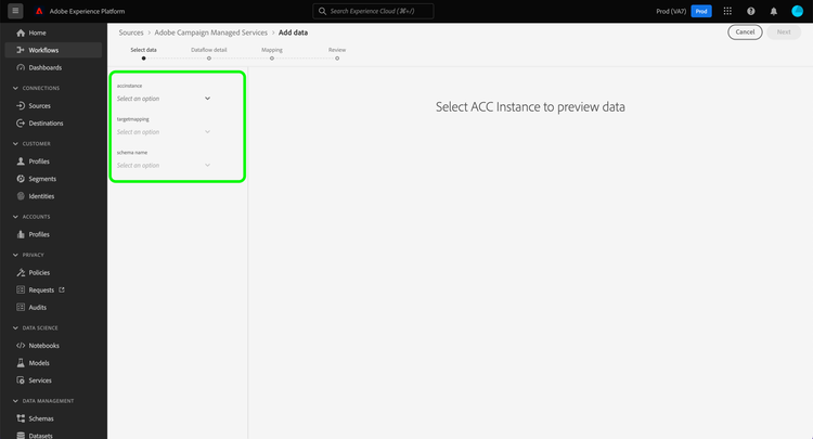 Ett gränssnitt där du kan konfigurera din Adobe Campaign-instans, målmappning och schemanamn.