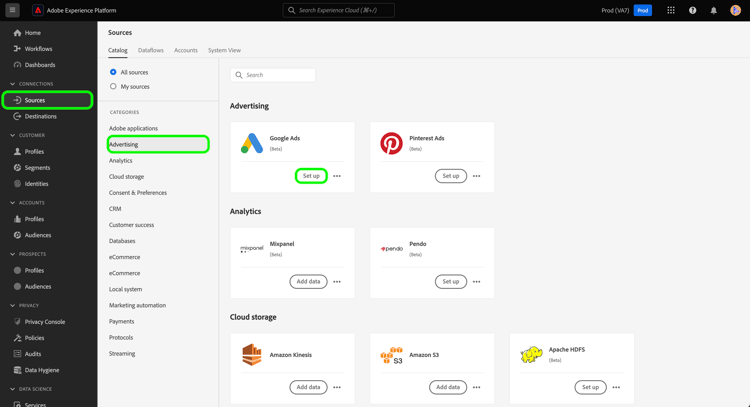 Källkatalogen i användargränssnittet för Experience Platform.