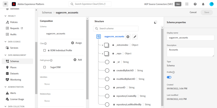Experience Platform UI-skärmbild med exempelschema för konton