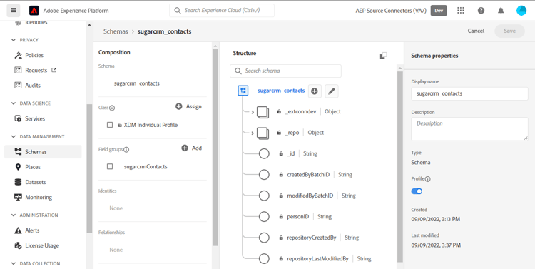 Experience Platform UI-skärmbild som visar ett exempelschema för Kontakter