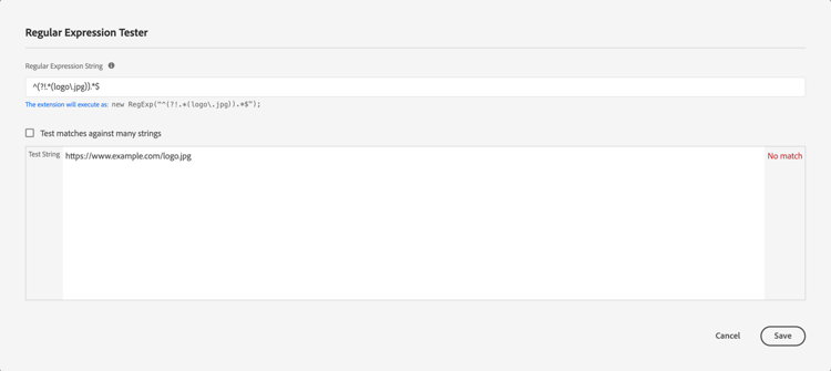 Bild som visar det reguljära uttrycket provare för Adobe Content Analytics-taggtillägget i tagggränssnittet