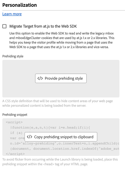 Bild som visar personaliseringsinställningarna för Web SDK-taggtillägget i tagggränssnittet