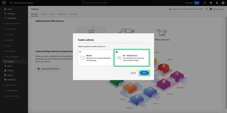 Dialogrutan Create a schema med ML- Assisted markerad.