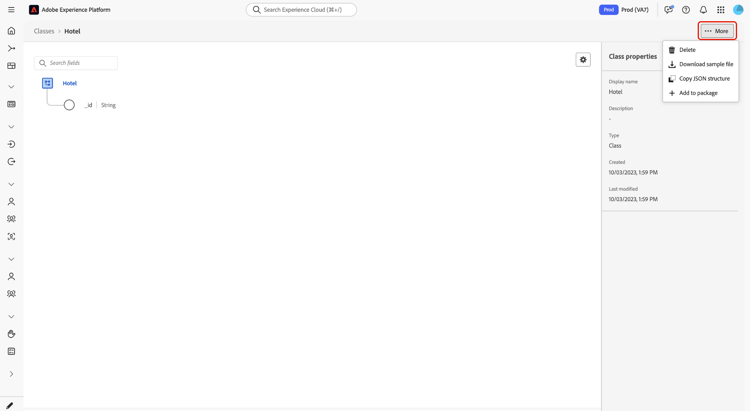 Resursdetaljvyhuvudet visar Mer-menyn med tillgängliga åtgärder som Ta bort, Kopiera JSON-struktur och Hämta exempelfil.