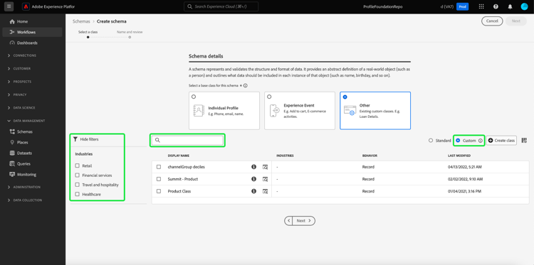 Arbetsflödet Create schema med sökfältet, Custom och Industries markerat.