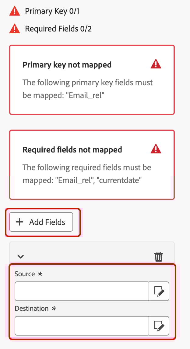 Knappen för att lägga till fält och avsnittet för fältmappning är markerade.