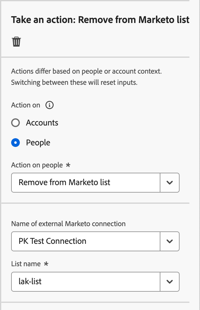 Vidta en åtgärd - Ta bort från Marketo-listan